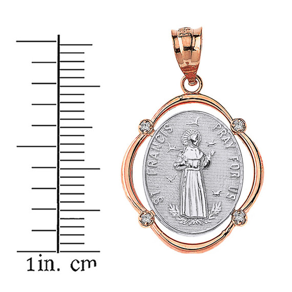 Solid Two Tone Rose Gold Saint Francis Pray For Us Diamond Oval Frame Pendant Necklace