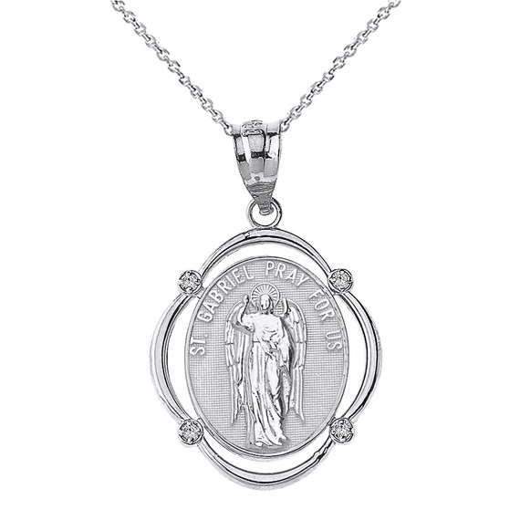 Solid White Gold Saint Gabriel Diamond Oval Frame Pendant Necklace