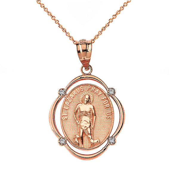 Solid Rose Gold Saint Lazarus Pray For Us Diamond Oval Frame Pendant Necklace