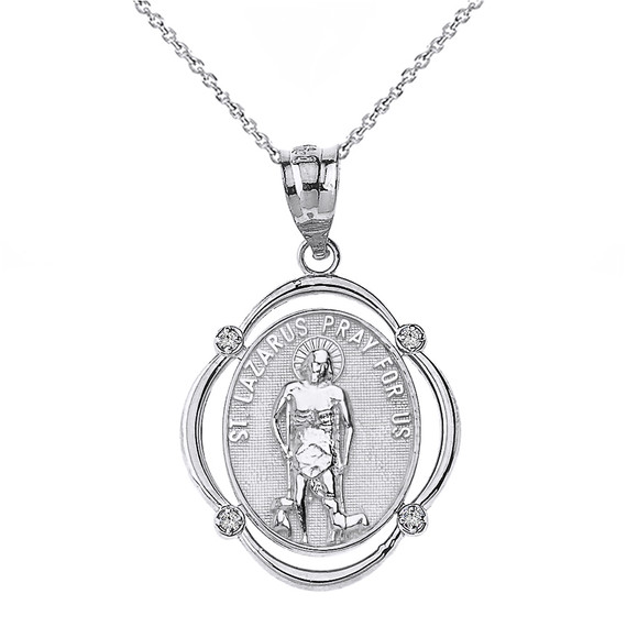 Solid White Gold Saint Lazarus Pray For Us Diamond Oval Frame Pendant Necklace