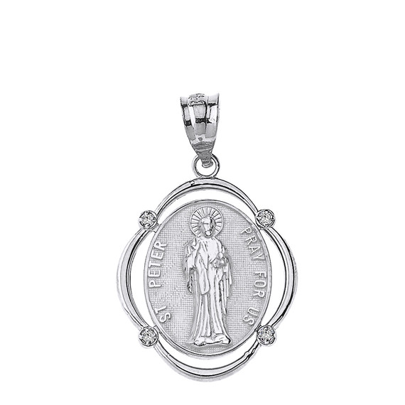 Sterling Silver Saint Peter Pray For Us CZ Oval Frame Pendant Necklace