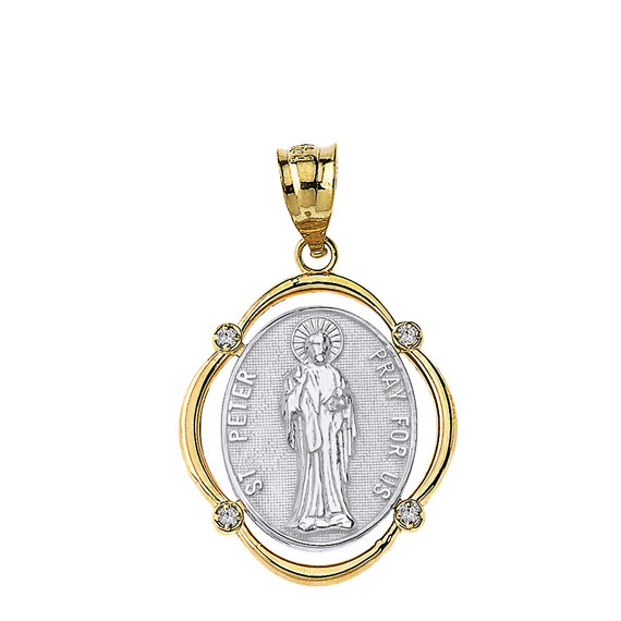 Solid Two Tone Yellow Gold Saint Peter Pray For Us Diamond Oval Frame Pendant Necklace