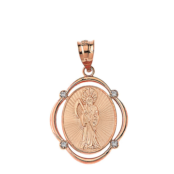 Solid Rose Gold Santa Muerte Diamond Oval Frame Pendant Necklace