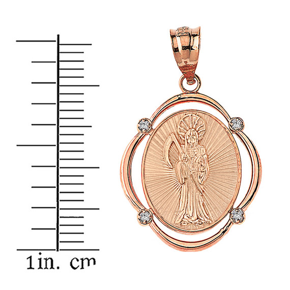 Solid Rose Gold Santa Muerte Diamond Oval Frame Pendant Necklace