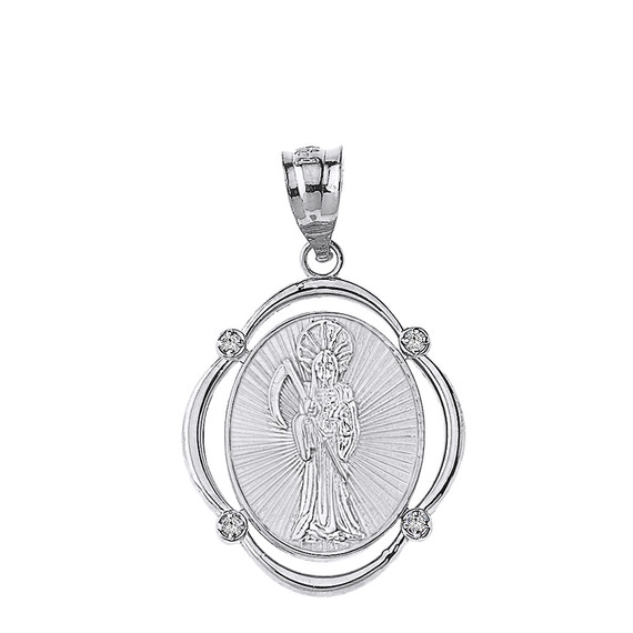 Sterling Silver Santa Muerte CZ Oval Frame Pendant Necklace