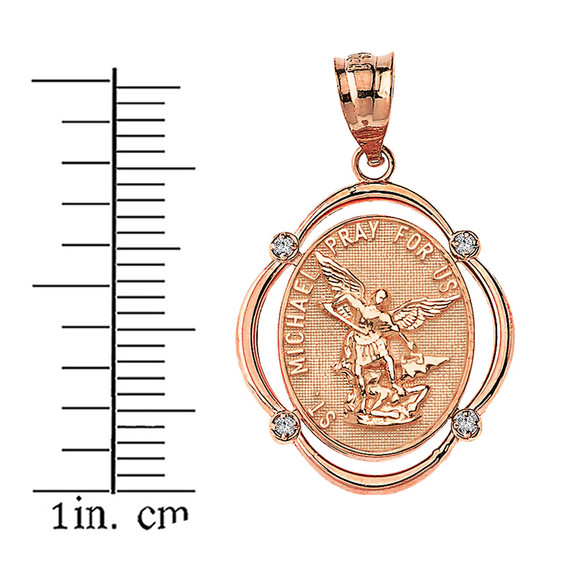 Solid Rose Gold Saint Michael Pray For Us Diamond Oval Frame Pendant Necklace