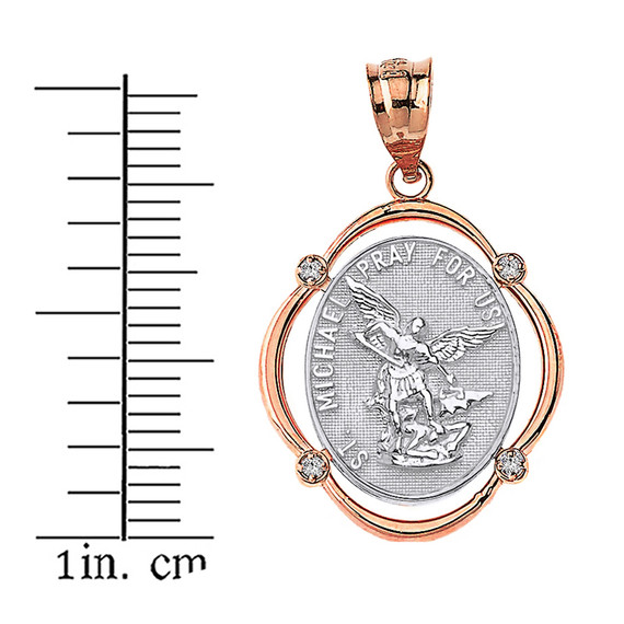 Solid Two Tone Rose Gold Saint Michael Pray For Us Diamond Oval Frame Pendant Necklace