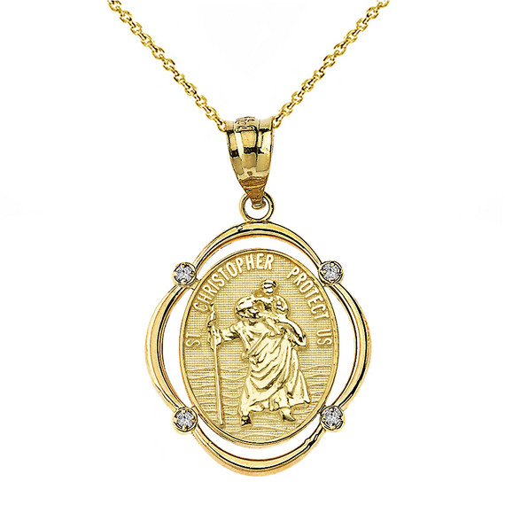 Solid Yellow Gold Saint Christopher Protect Us Diamond Oval Frame Pendant Necklace