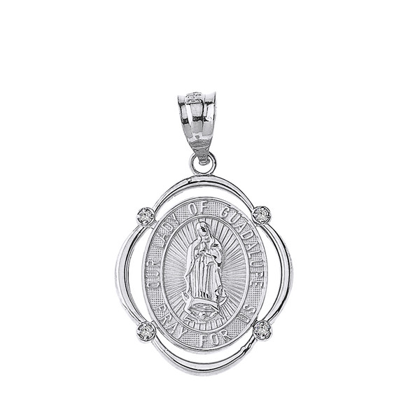 Sterling Silver Our Lady of Guadalupe Pray For Us CZ Oval Frame Pendant Necklace