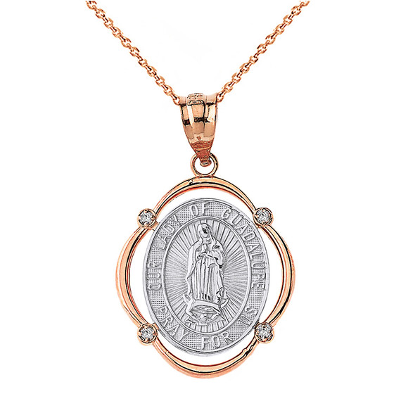 Solid Two Tone Rose Gold Our Lady of Guadalupe Pray For Us Diamond Oval Frame Pendant Necklace