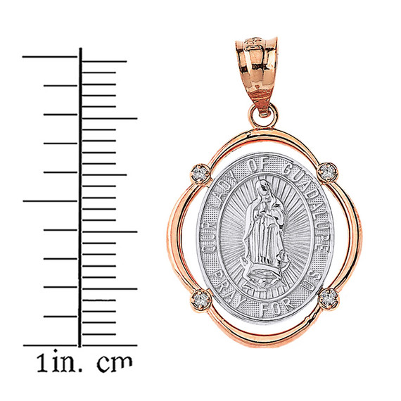 Solid Two Tone Rose Gold Our Lady of Guadalupe Pray For Us Diamond Oval Frame Pendant Necklace