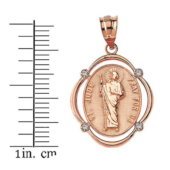 Solid Rose Gold Saint Jude Pray For Us Diamond Oval Frame Pendant Necklace