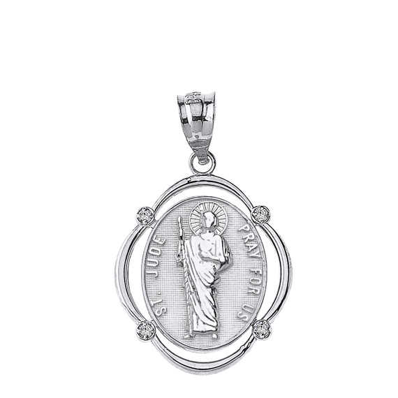 Solid White Gold Saint Jude Pray For Us Diamond Oval Frame Pendant Necklace