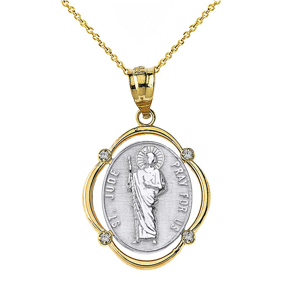 Solid Two Tone Yellow Gold Saint Jude Pray For Us Diamond Oval Frame Pendant Necklace