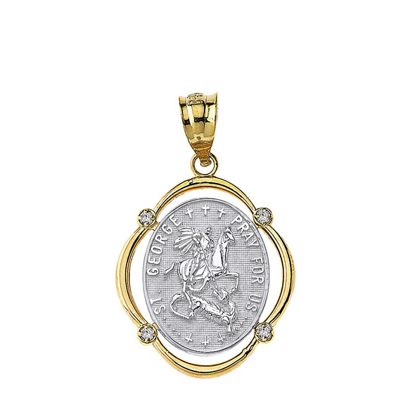 Solid Two Tone Yellow Gold Saint George Pray For Us Diamond Oval Frame Pendant Necklace