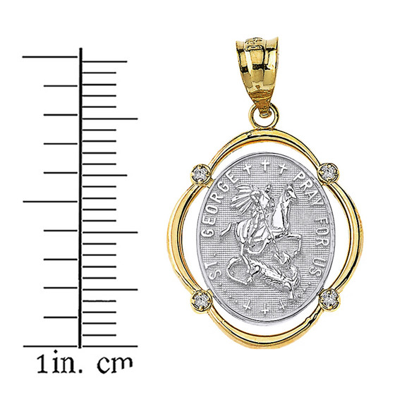 Solid Two Tone Yellow Gold Saint George Pray For Us Diamond Oval Frame Pendant Necklace