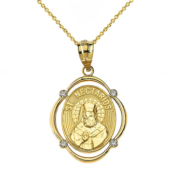 Solid Yellow Gold Saint Nectarios Diamond Oval Frame Pendant Necklace