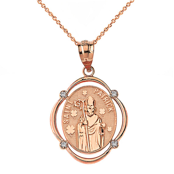 Solid Rose Gold Saint Patrick Diamond Oval Frame Pendant Necklace