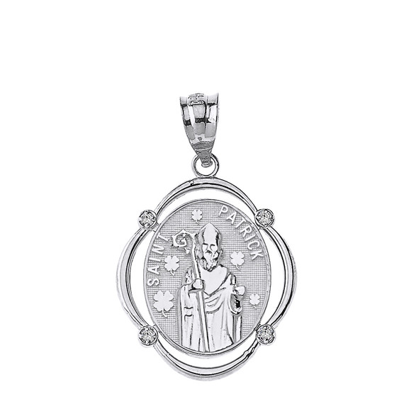 Sterling Silver Saint Patrick CZ Oval Frame Pendant Necklace