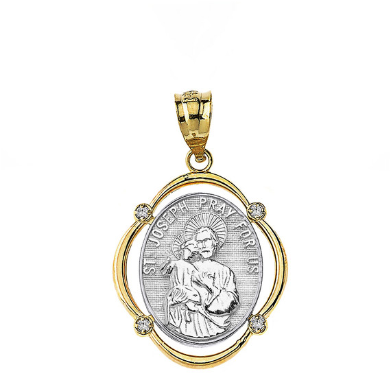 Solid Two Tone Yellow Gold Saint Joseph Pray For Us Diamond Oval Frame Pendant Necklace