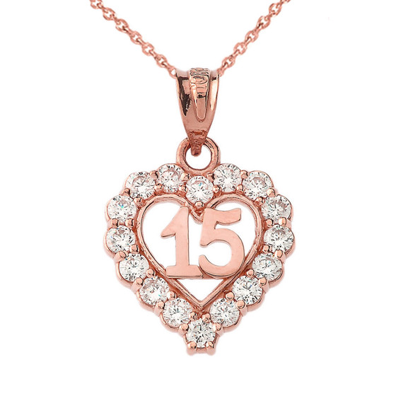 Rose Gold 15 Años Quinceañera Heart Pendant Necklace with Cubic Zirconia