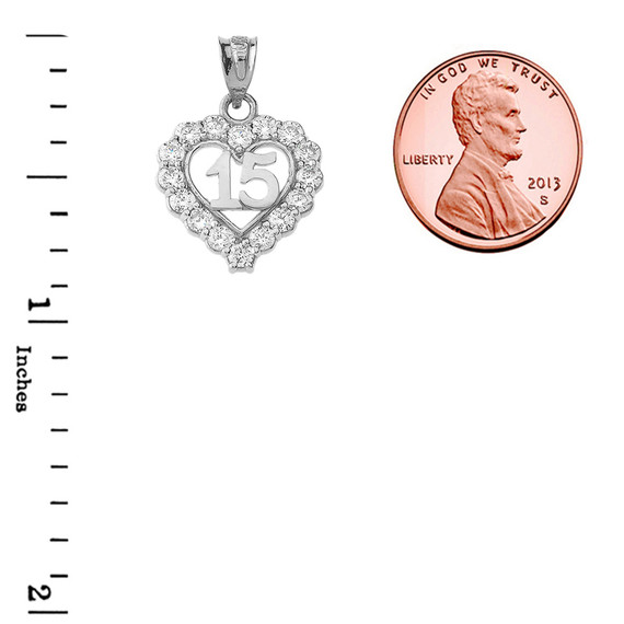 Silver 15 Años Quinceañera Heart Pendant with Cubic Zirconia measurement