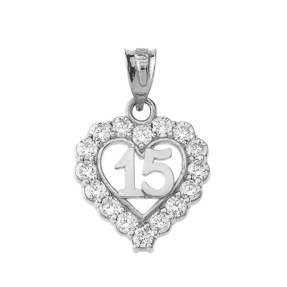 Silver 15 Años Quinceañera Heart Pendant with Cubic Zirconia