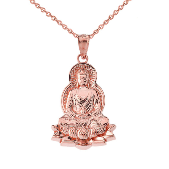 Buddha in Lotus Flower Pendant Necklace in Yellow Gold