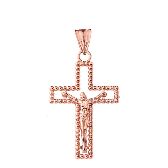 Beaded Open Crucifix Cross Pendant Necklace in Rose Gold