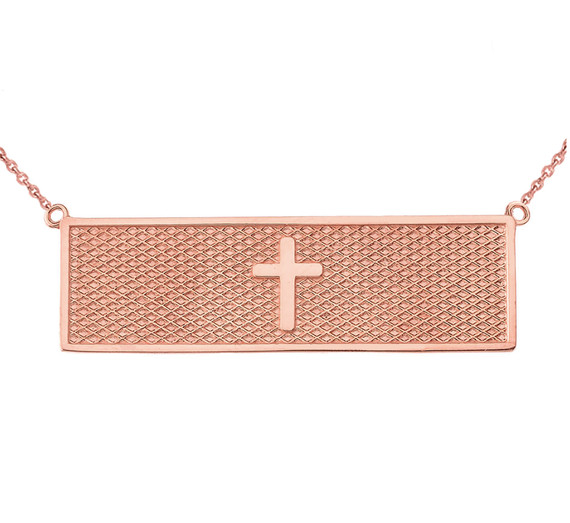 Two Sided The Lords Prayer and Cross Bar Necklace in 14K Rose Gold