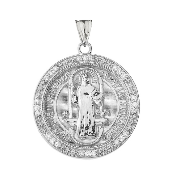 Two Sided Diamond Saint Benedict Medallion Pendant Necklace in White Gold