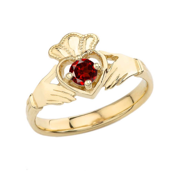 Garnet Birthstone Claddagh with Crown Ring in Gold