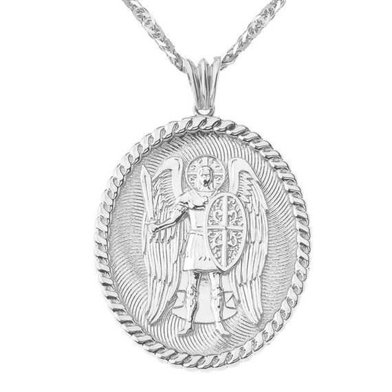 St Michael Protect Us Pendant Necklace in White Gold