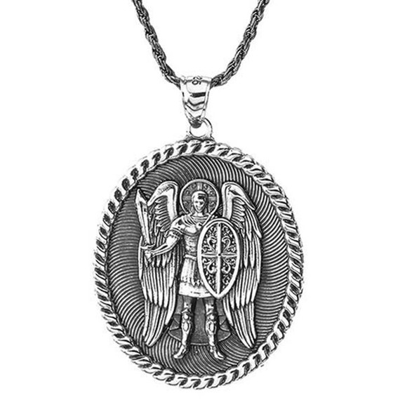 St Michael Protect Us Oxidized Pendant Necklace in Sterling Silver