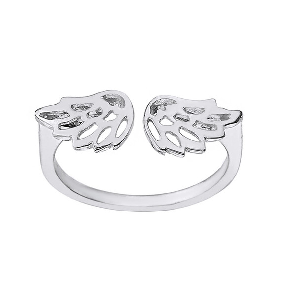 Solid White Gold Filigree Angel Wings Adjustable Ring