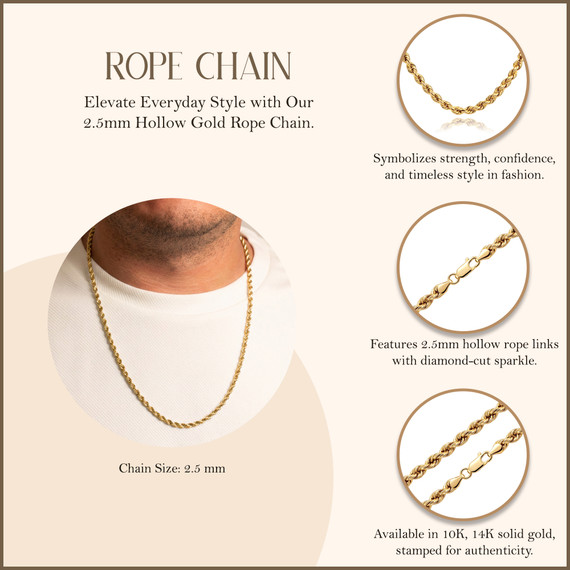 2.5mm 10K Hollow Gold Rope Chain Necklace (Available in Yellow Gold, White Gold)