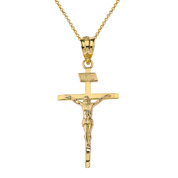 Solid Yellow Gold Jesus of Nazareth INRI Thin Crucifix Cross Pendant Necklace