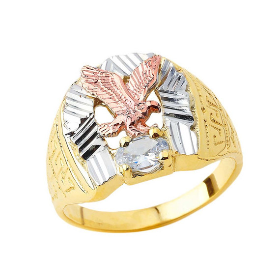 Soaring Eagle Lucky Horseshoe Statement Ring in Tri Color Gold with CZ