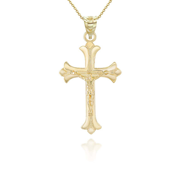 Yellow Gold Fleurie Fleur-de-lis Crucifix Pendant Necklace