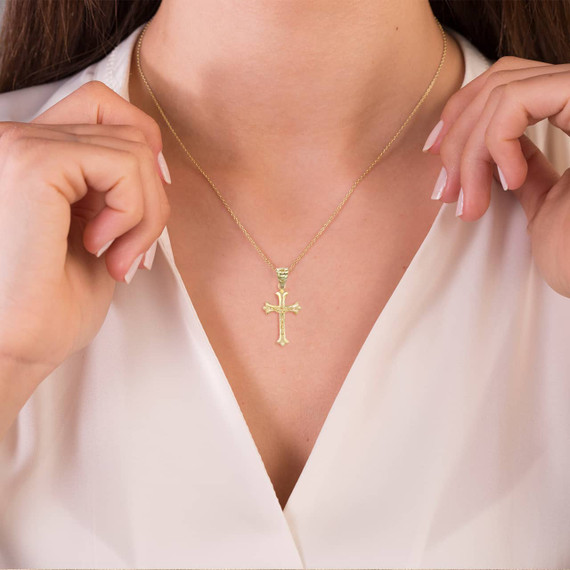 Yellow Gold Fleurie Fleur-de-lis Crucifix Pendant Necklace on a Model