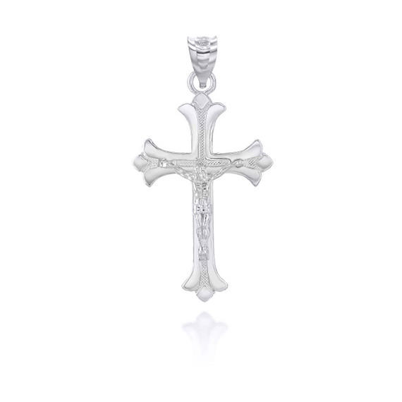 White Gold Fleurie Fleur-de-lis Crucifix Pendant