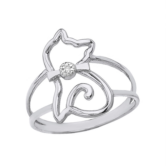 Sterling Silver Cat with Bow Tie Split Shank CZ Ring