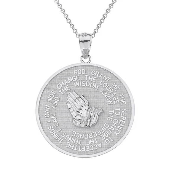 Solid White Gold Serenity Praying Hands The Lord's Prayer Reversible Pendant Necklace