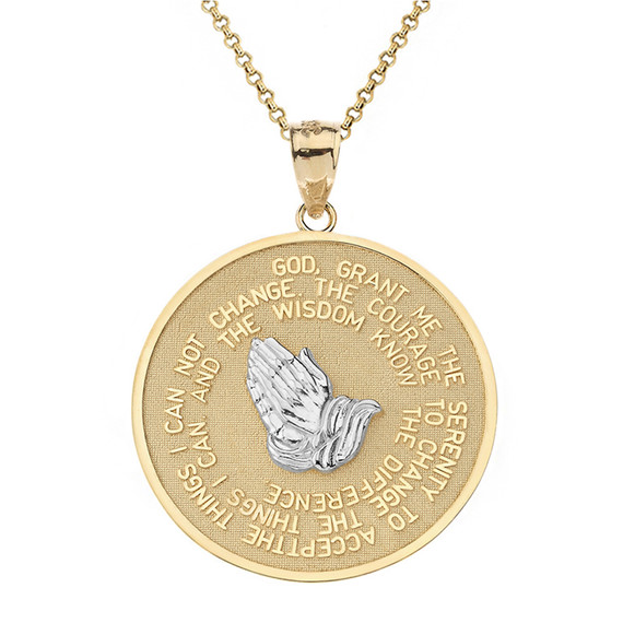 Solid Two Tone Yellow Gold Serenity Praying Hands The Lord's Prayer Reversible Pendant Necklace