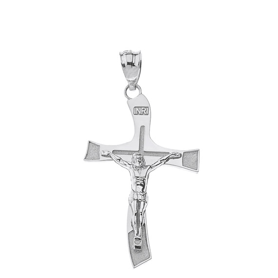 Sterling Silver INRI Wave Crucifix Pendant Necklace