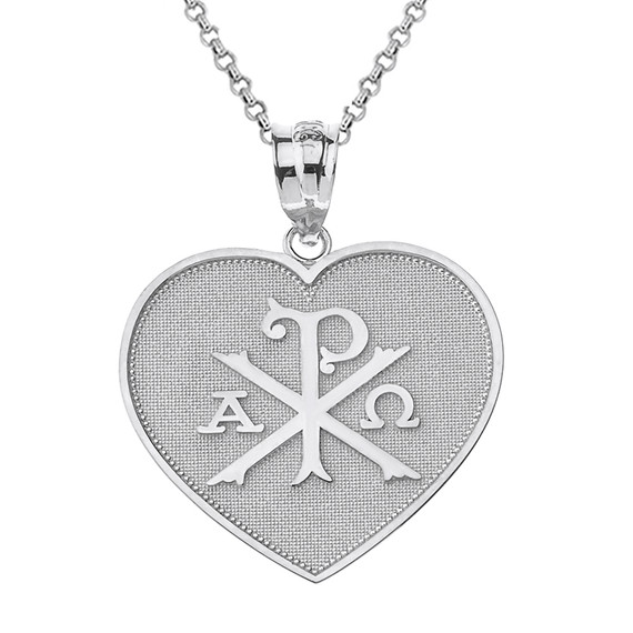 Solid White Gold Christian Symbol Chi Rho Heart Pendant Necklace