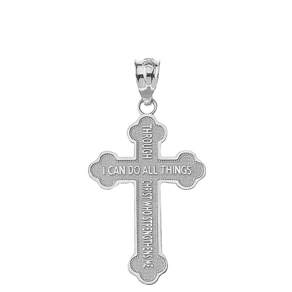 Solid White Gold Double Sided Philippians 4:13 Bible Verse Cross Pendant Necklace