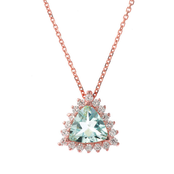 Chic Diamond & Trillion Cut Genuine Aquamarine Pendant Necklace  in 14K Rose Gold