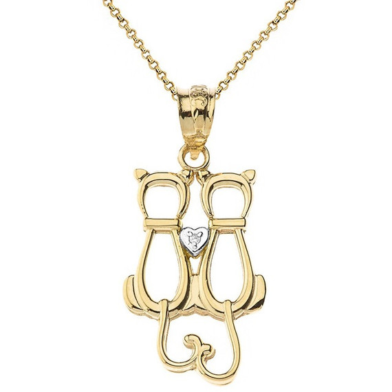 Cats with Heart Solitaire Pendant Necklace in Gold (Yellow/Rose/White)