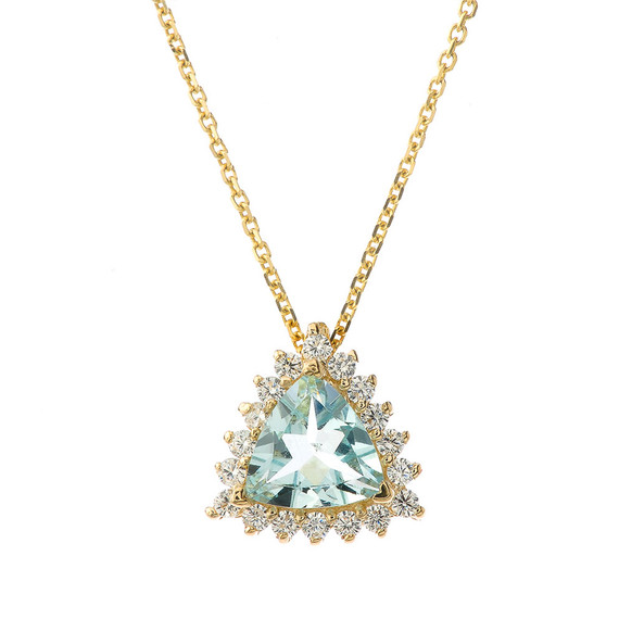 Chic CZ & Trillion Cut Genuine Aquamarine Pendant Necklace  in 14K Yellow Gold